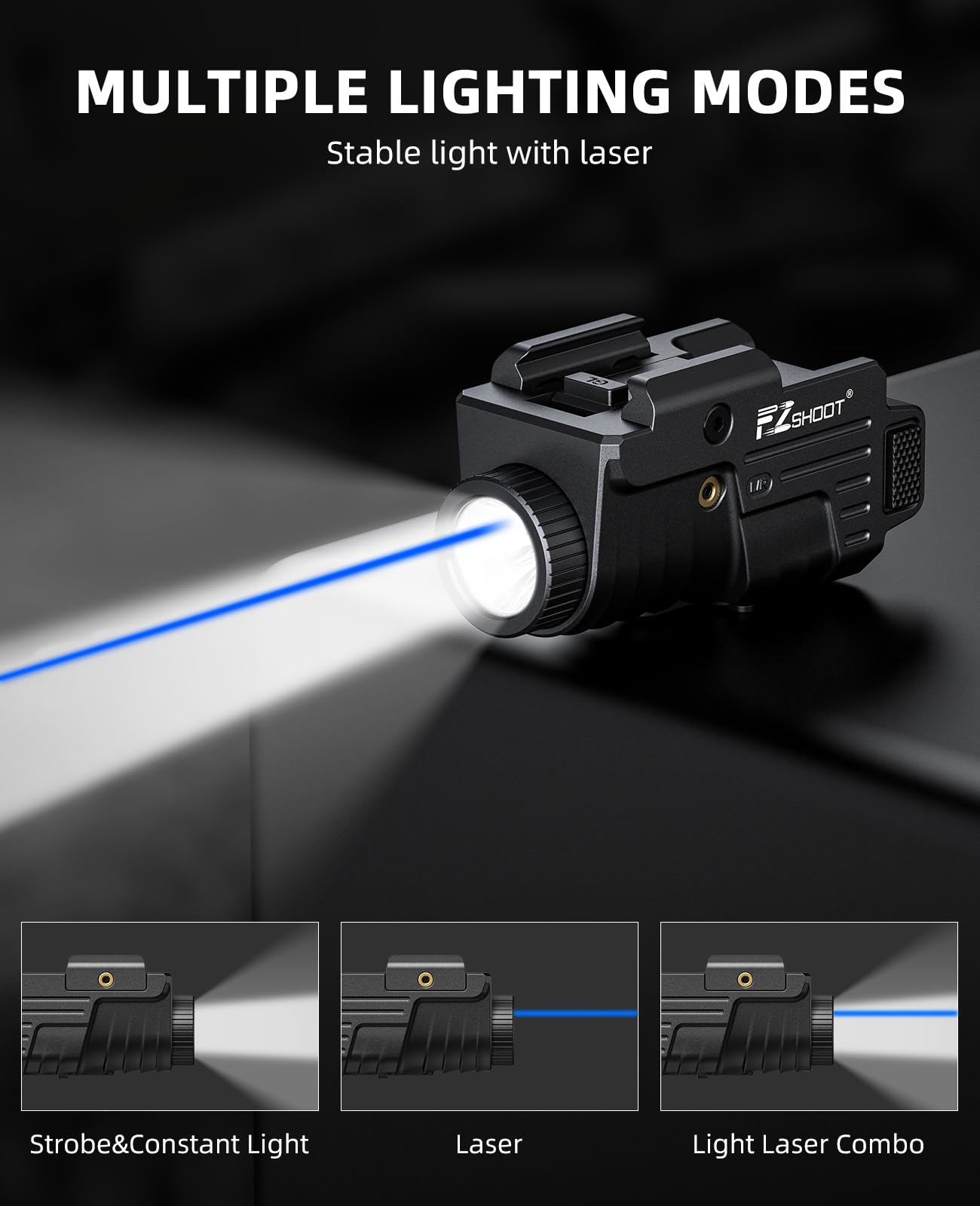 Industrial Green Laser - EZshoot 800 Lumens ปืนพกสีแดง/สีฟ้า/สีเขียวเลเซอร์ Combo ไฟฉายขนาดกะทัดรัดพร้อมรางเลื่อนสําหรับ