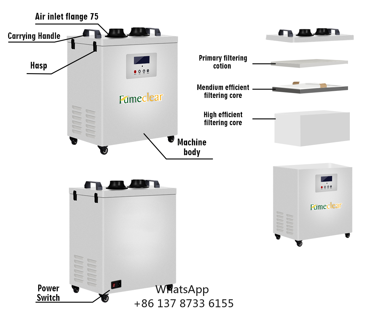 Industrial Laser Fume Extractor - เครื่องดูดควันแบบพกพาที่ได้รับการรับรองมาตรฐาน CE สำหรับอุตสาหกรรมการเชื่อม 300W พร้อมไส้กรอง HEPA